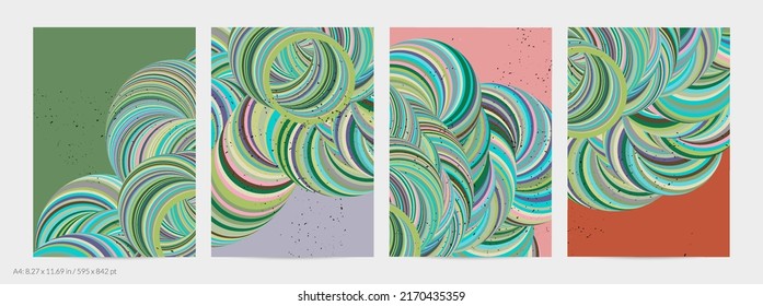 Plantilla de volante de vector abstracto. Forma girada a rayas con textura granulada sobre fondo de tierra plana. Geometría de la ciencia del modelado de computadora 3D onda futurista. Arte moderno contemporáneo, impreso.