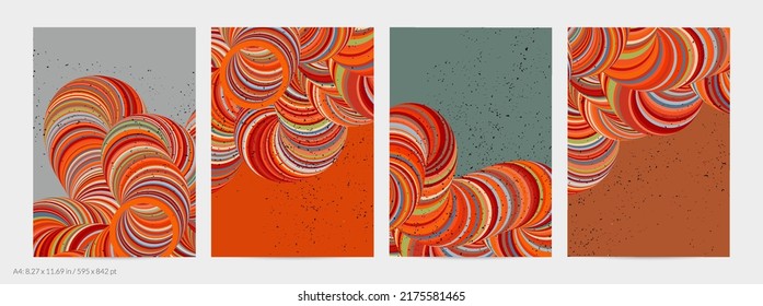 Abstract vector flyer template. Striped swirled shape with grange texture on flat earthy colored background. 3D computer modeling science geometry futuristic wave. Contemporary modern art, print.