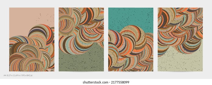 Abstract vector flyer template. Striped swirled shape with grange texture on flat earthy colored background. 3D computer modeling science geometry futuristic wave. Contemporary modern art, print.