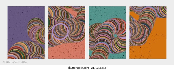 Abstract vector flyer template. Striped swirled shape with grange texture on flat earthy colored background. 3D computer modeling science geometry futuristic wave. Contemporary modern art, print.