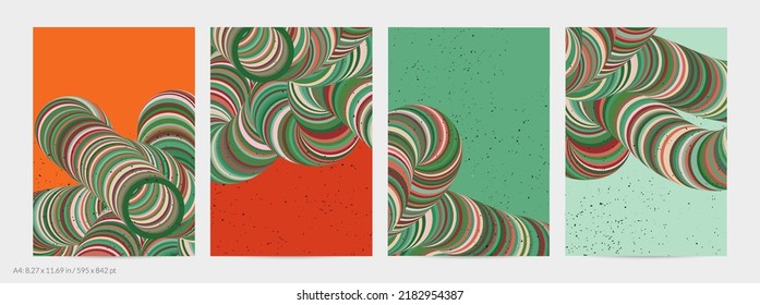 Abstract vector flyer template. Striped swirled shape with grange texture on flat earthy colored background. 3D computer modeling science geometry futuristic wave. Contemporary modern art, print.