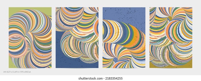 Abstract vector flyer template. Striped swirled shape with grange texture on flat earthy colored background. 3D computer modeling science geometry futuristic wave. Contemporary modern art, print.