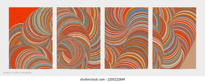 Abstract vector flyer template. Striped swirled shape with grange texture on flat earthy colored background. 3D computer modeling science geometry futuristic wave. Contemporary modern art, print.