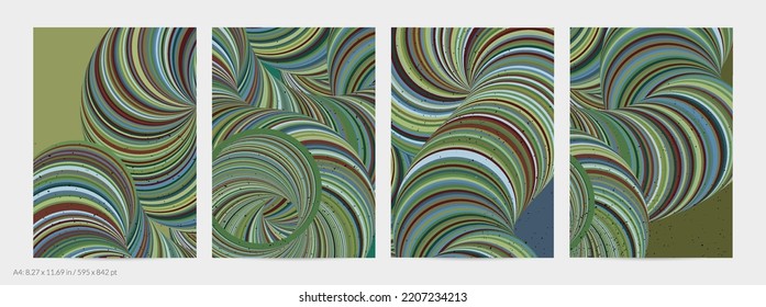 Plantilla de volante de vector abstracto. Forma girada a rayas con textura granulada sobre fondo de tierra plana. Geometría de la ciencia del modelado de computadora 3D onda futurista. Arte moderno contemporáneo, impreso.