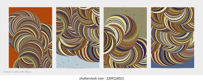 Abstract vector flyer template. Striped swirled shape with grange texture on flat earthy colored background. 3D computer modeling science geometry futuristic wave. Contemporary modern art, print.
