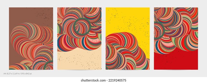 Abstract vector flyer template. Striped swirled shape with grange texture on flat earthy colored background. 3D computer modeling science geometry futuristic wave. Contemporary modern art, print.