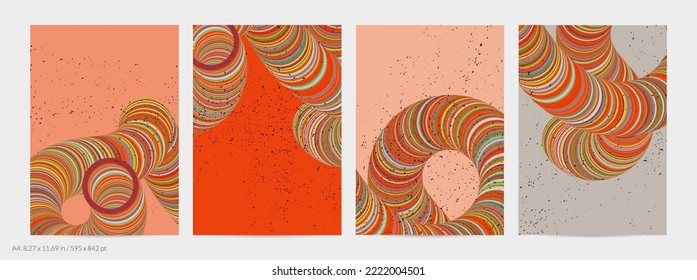 Abstract vector flyer template. Striped swirled shape with grange texture on flat earthy colored background. 3D computer modeling science geometry futuristic wave. Contemporary modern art, print.