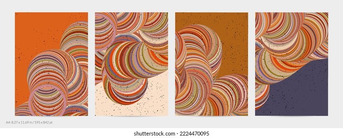 Abstract vector flyer template. Striped swirled shape with grange texture on flat earthy colored background. 3D computer modeling science geometry futuristic wave. Contemporary modern art, print.