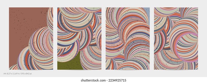 Abstract vector flyer template. Striped swirled shape with grange texture on flat earthy colored background. 3D computer modeling science geometry futuristic wave. Contemporary modern art, print.