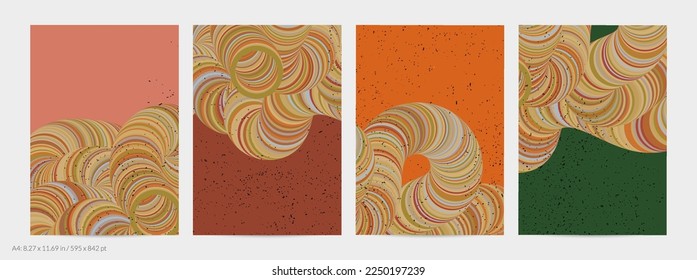 Abstract vector flyer template. Striped swirled shape with grange texture on flat earthy colored background. 3D computer modeling science geometry futuristic wave. Contemporary modern art, print.