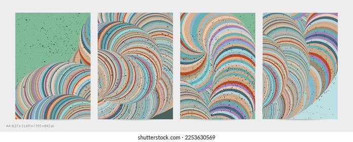 Abstract vector flyer template. Striped swirled shape with grange texture on flat earthy colored background. 3D computer modeling science geometry futuristic wave. Contemporary modern art, print.