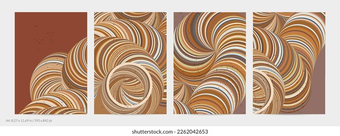 Plantilla de volante de vector abstracto. Forma girada a rayas con textura granulada sobre fondo de tierra plana. Geometría de la ciencia del modelado de computadora 3D onda futurista. Arte moderno contemporáneo, impreso.