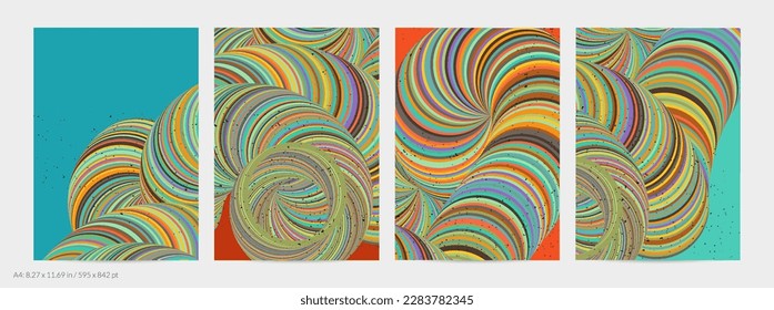 Abstract vector flyer template. Striped swirled shape with grange texture on flat earthy colored background. 3D computer modeling science geometry futuristic wave. Contemporary modern art, print.