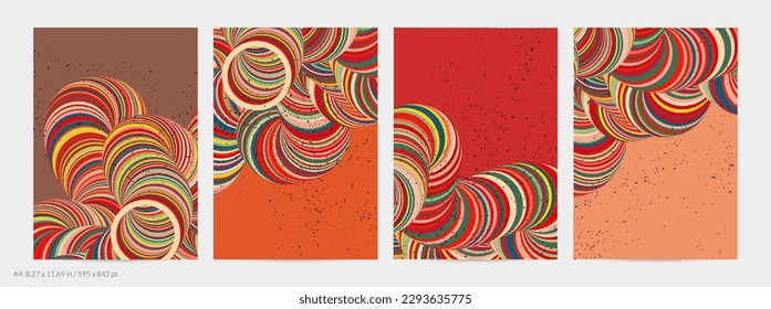 Abstract vector flyer template. Striped swirled shape with grange texture on flat earthy colored background. 3D computer modeling science geometry futuristic wave. Contemporary modern art, print.