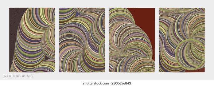 Plantilla de volante de vector abstracto. Forma girada a rayas con textura granulada sobre fondo de tierra plana. Geometría de la ciencia del modelado de computadora 3D onda futurista. Arte moderno contemporáneo, impreso.