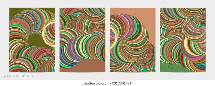 Abstract vector flyer template. Striped swirled shape with grange texture on flat earthy colored background. 3D computer modeling science geometry futuristic wave. Contemporary modern art, print.