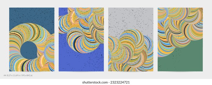 Abstract vector flyer template. Striped swirled shape with grange texture on flat earthy colored background. 3D computer modeling science geometry futuristic wave. Contemporary modern art, print.