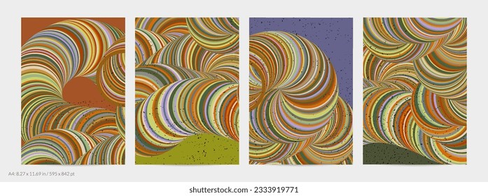 Abstract vector flyer template. Striped swirled shape with grange texture on flat earthy colored background. 3D computer modeling science geometry futuristic wave. Contemporary modern art, print.