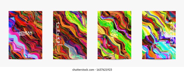 Abstract vector flyer template. Watercolor texture vibrant colored background. Visual computer filtered gradient wavy diagonal lines. Dynamic paint flow marble texture pattern. Psychedelic art poster.