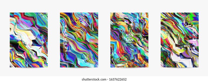 Abstract vector flyer template. Watercolor texture vibrant colored background. Visual computer filtered gradient wavy diagonal lines. Dynamic paint flow marble texture pattern. Psychedelic art poster.