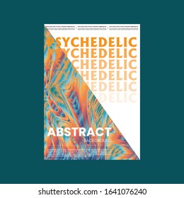 Abstract vector flyer template. Watercolor texture vibrant colored background. Visual computer filtered gradient wavy diagonal lines. Dynamic paint flow marble texture pattern. Psychedelic art poster.