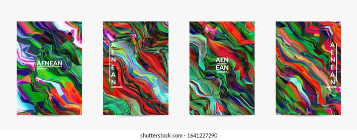 Abstract vector flyer template. Watercolor texture vibrant colored background. Visual computer filtered gradient wavy diagonal lines. Dynamic paint flow marble texture pattern. Psychedelic art poster.