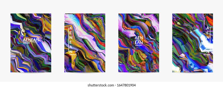 Abstract vector flyer template. Watercolor texture vibrant colored background. Visual computer filtered gradient wavy diagonal lines. Dynamic paint flow marble texture pattern. Psychedelic art poster.