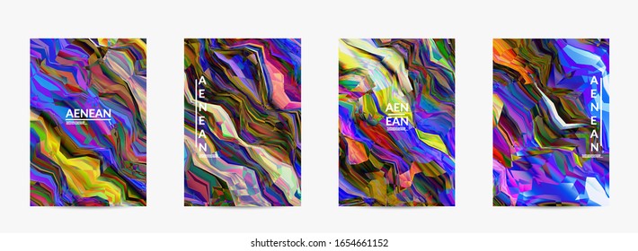 Abstrakte Vektorillustration Flyer-Vorlage. Aquarellfarbene Textur, lebhafter Hintergrund. Visuell computergefilterte gradientenschwere Diagonallinien. Dynamisches Muster aus Marmor mit Farbfluss. Psychedelisches Kunstposter.