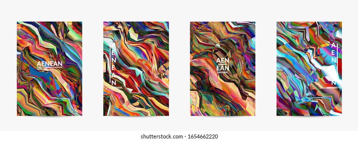 Abstract vector flyer template. Watercolor texture vibrant colored background. Visual computer filtered gradient wavy diagonal lines. Dynamic paint flow marble texture pattern. Psychedelic art poster.
