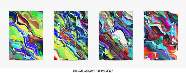 Abstract vector flyer template. Watercolor texture vibrant colored background. Visual computer filtered gradient wavy diagonal lines. Dynamic paint flow marble texture pattern. Psychedelic art poster.