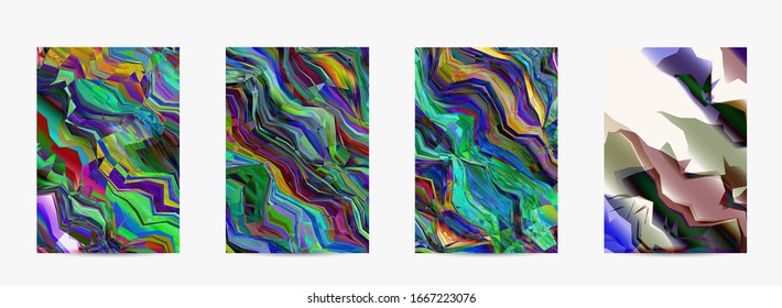 Abstract vector flyer template. Watercolor texture vibrant colored background. Visual computer filtered gradient wavy diagonal lines. Dynamic paint flow marble texture pattern. Psychedelic art poster.