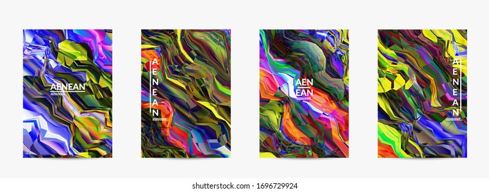 Abstract vector flyer template. Watercolor texture vibrant colored background. Visual computer filtered gradient wavy diagonal lines. Dynamic paint flow marble texture pattern. Psychedelic art poster.