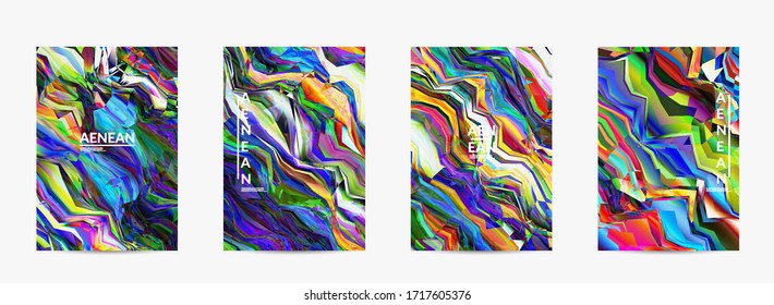 Abstract vector flyer template. Watercolor texture vibrant colored background. Visual computer filtered gradient wavy diagonal lines. Dynamic paint flow marble texture pattern. Psychedelic art poster.