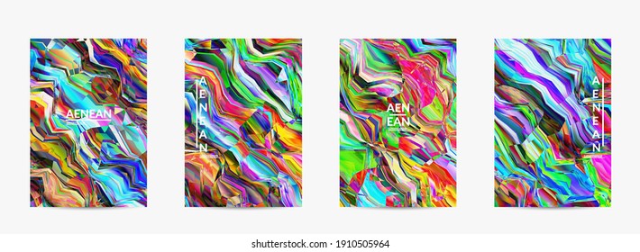 Plantilla de volante de vector abstracto. Fondo de color vibrante de textura acuarela. Líneas diagonales de degradado onduladas filtradas por el equipo visual. Patrón de textura de mármol de flujo dinámico de pintura. Afiche de arte psicodélico.