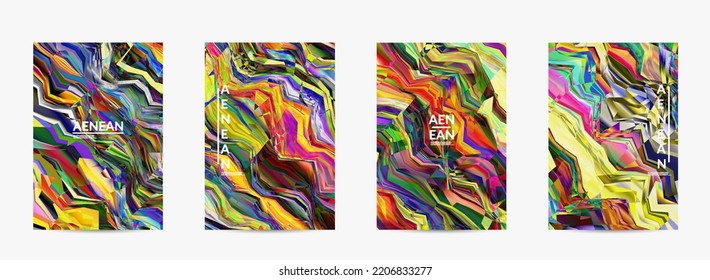Abstract vector flyer template. Watercolor texture vibrant colored background. Visual computer filtered gradient wavy diagonal lines. Dynamic paint flow marble texture pattern. Psychedelic art poster.