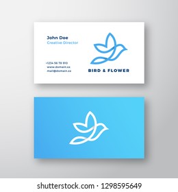Abstract Vector Flying Bird and Flower Logo and Business Card Template. Premium Stationary Realistic Mock Up. Line Style Bird Silhouette with Soft Shadows. Isolated.