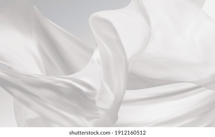 Abstract Vector Flying Wave Silk Or Satin Fabric For Grand Opening Ceremony Or Occasion. Realistic Fluttering White Cloths.White Satin Silky Cloth Fabric Textile Drape With Wavy Folds. Vector EPS10