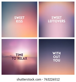 Abstract vector fog blurred background set. Square blurred background - sky clouds colors With love quotes