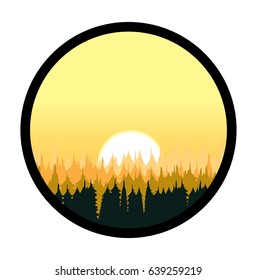 Abstract vector forest illustration sunset and circle frame