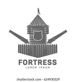 Abstract vector fortress label and logo template. Castle symbol. Wood tower silhouette with flags and cannon. Template for business card, poster, banner, design elements. Isolated on white background.