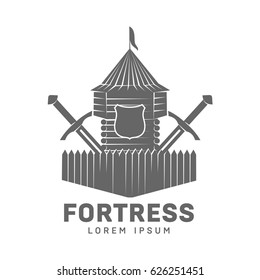 Abstract vector fortress label and logo template. Castle symbol. Wood tower silhouette with flags and sword. Template for business card, poster, banner, design elements. Isolated on white background.
