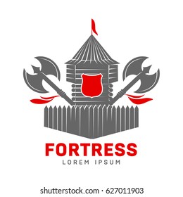 Abstract vector fortress label and logo template. Castle symbol. Wood tower silhouette with flags and poleax. Template for business card, poster, banner, design elements. Isolated on white background.