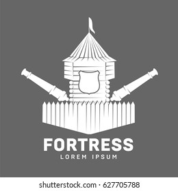Abstract vector fortress label and logo template. Castle symbol. Wood tower silhouette with flags and cannon. Template for business card, poster, banner, design elements. Isolated on color background.
