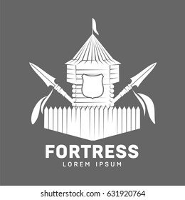 Abstract vector fortress label and logo template. Castle symbol. Wood tower silhouette with flags and spear. Template for business card, poster, banner, design elements. Isolated on color background.