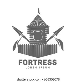 Abstract vector fortress label and logo template. Castle symbol. Wood tower silhouette with flags and spear. Template for business card, poster, banner, design elements. Isolated on white background.