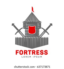 Abstract vector fortress label and logo template. Castle symbol. Wood tower silhouette with flags and sword. Template for business card, poster, banner, design elements. Isolated on white background.