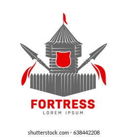 Abstract vector fortress label and logo template. Castle symbol. Wood tower silhouette with flags and spear. Template for business card, poster, banner, design elements. Isolated on white background.