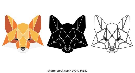 Retrato de zorro vector abstracto en variaciones de color, negro y contorno. Animales salvajes totales
