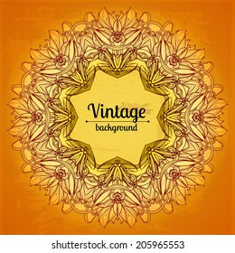 Abstract vector frame. Vector background. Floral border. Hand drawn vintage background. Design element can be used for greeting card, poster, book cover. Yellow design template with grunge texture.