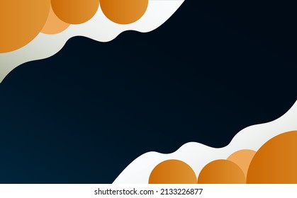 Abstract vector frame background with gold circles and curvy shapes within dark blue background. Suitable for backdrop, design template, and cover.